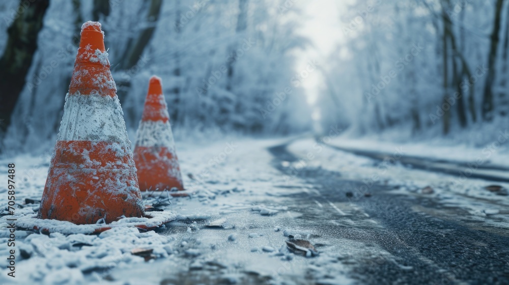 Aufkleber a group of traffic cones placed on the side of a road. this image can be used to illustrate road con