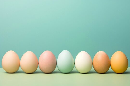 Easter eggs on a pastel green and blue background with copy space. Seven eggs in a row.