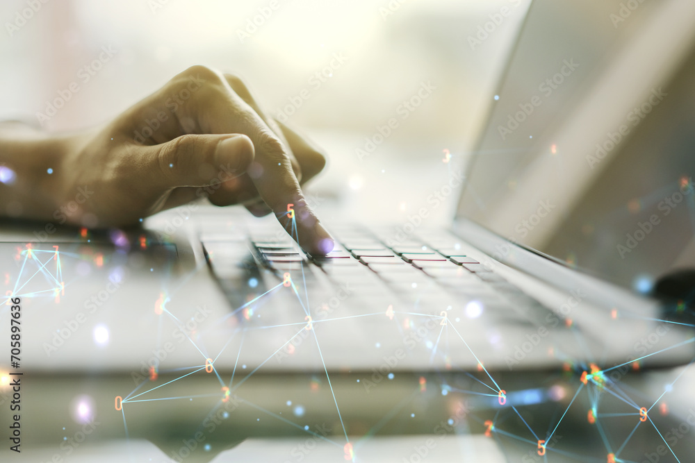 Poster Creative concept of wireless technology and hands typing on laptop on background. Big data and database concept. Multiexposure