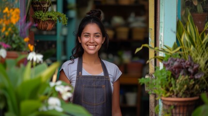 Young american woman smiling while standing in the door of her own plants shop.