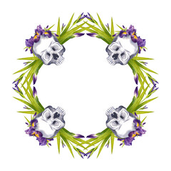 Wreath of human skulls with flowers. Bone and purple irises. Gothic watercolor illustration for halloween design. Frame
