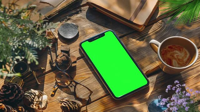 Modern Smartphones Mockup with Green Screens in blurry background