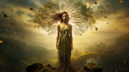 Fototapeta na wymiar Nature's Strength: Woman standing in a natural setting, holding a 
