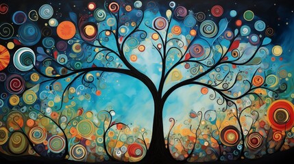 Cartoon tree of life. Abstract colorful tree, ornament decor background