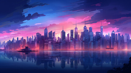 Fototapeta na wymiar Cityscape Twilight: A city skyline at twilight, with illuminated buildings and city lights creating a vibrant urban postcard, Postcard
