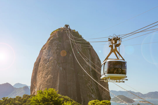 Rio de janeiro Brazil. Sugarloaf Mountain. Cable car crossing to Urca hill. In the background, the mountains and the beach of Niter&oacute;i.