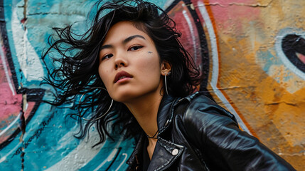 Subway Graffiti Vibe: Asian Woman with Windblown Hair, Wearing a Leather Jacket, 90s style