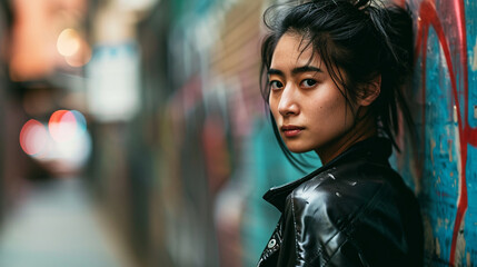 Subway Graffiti Vibe: Asian Woman with Windblown Hair, Wearing a Leather Jacket, 90s style
