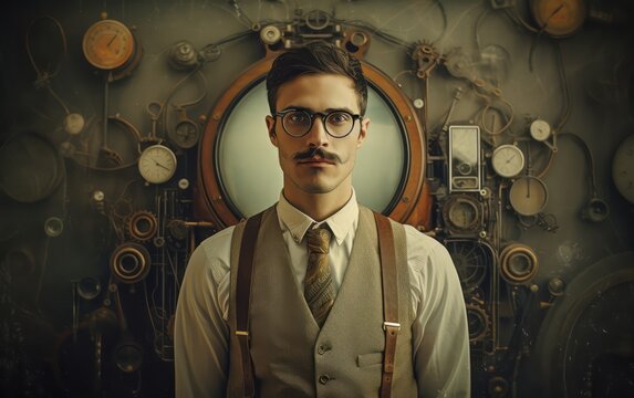 uomo con baffi e occhiali con sfondo steampunk vintage