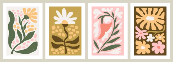 Poster Set of colorful hand drawn floral posters. Modern wall art with plants and flowers. Contemporary artwork with creative botanical elements. Interior decorations set. Colorful flat vector illustrations. © Léo Alexandre