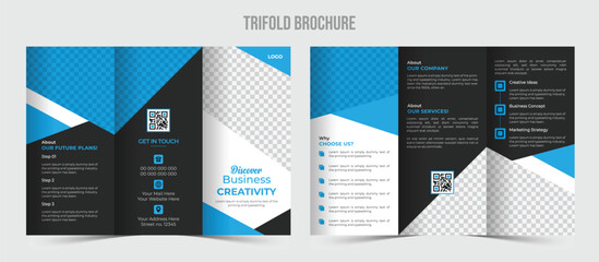 Business trifold brochure design template. Vector design of a modern, imaginative, and expert tri-fold brochure. Clean, uncomplicated promotional design with blue - obrazy, fototapety, plakaty
