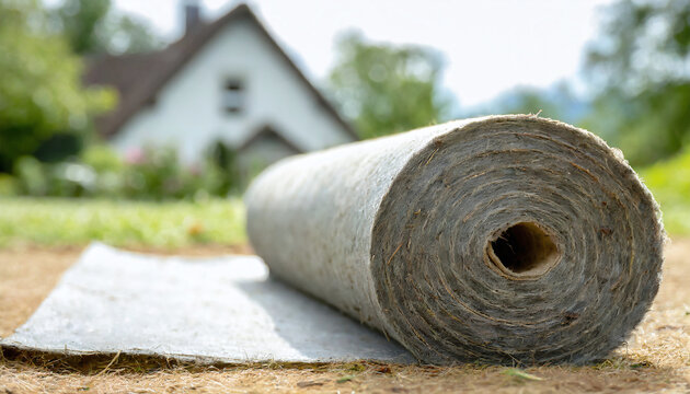 Gros plan sur un rouleau de feutre g&eacute;otextile dans le jardin, pr&eacute;paration du sol en terre pour la cr&eacute;ation d'un jardin devant la maison, am&eacute;nagement des ext&eacute;rieurs autour de la maison - IA g&eacute;n&eacute;rative