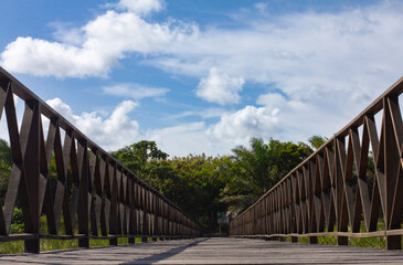 Fototapeta na wymiar wooden bridge over river between trees with blue sky