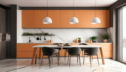 Orange and marble kitchen interior with table