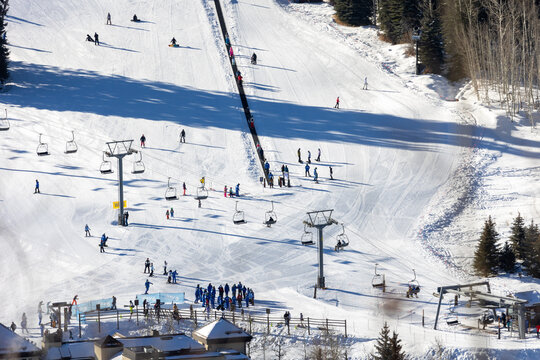 Skiers in Vail Colorado, Scenic View of Ski Resort
