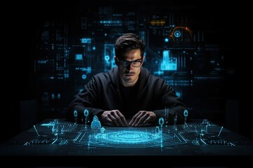 A man in glasses, a specialist or scientist, a programmer, sits analyzing financial data on a futuristic virtual interface.