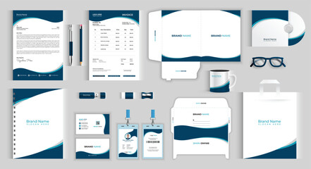 Office and business stationery set, Modern corporate brand identity template with digital elements. Vector company style for brand book and guideline. Minimal business stationery items.
