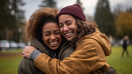 Fototapeta premium Friends hugging at a park, AI Generative.