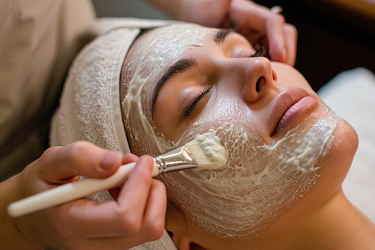 manos de esteticista realizando un tratamiento con pincel de  mascarilla facial antiarrugas  a una chica joven tumbada en una camilla en un spa