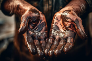 Crude oil production. Hands of worker in crude oil. Oil spilled in hands of worker during crude extraction. Oilfield Accident. Spilled petroleum products. Oil industry Crisis. Economic downturn - obrazy, fototapety, plakaty
