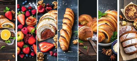 Assorted bakery products collage with elegant white lines and bright light white style