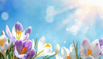 Spring crocus flowers on blue sky background with white clouds and sun