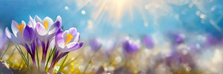 Fotobehang Spring crocus flowers on blue sky background with white clouds and sun © Mariusz Blach