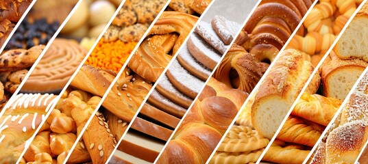 bakery products collage with divided segments and white vertical lines on bright white background