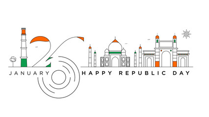 Whimsical Cityscape Happy Republic Day in Orange, Set Against a White Background.
