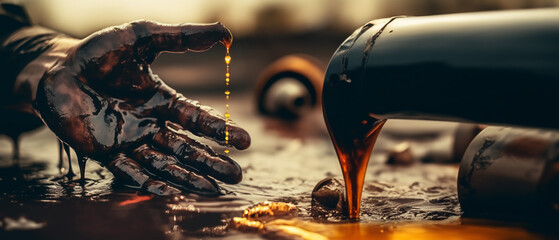 Crude oil production. Hands of worker in crude oil. Oil spilled in hands of worker during crude extraction. Oilfield Accident. Spilled petroleum products. Oil industry Crisis. Economic downturn - obrazy, fototapety, plakaty