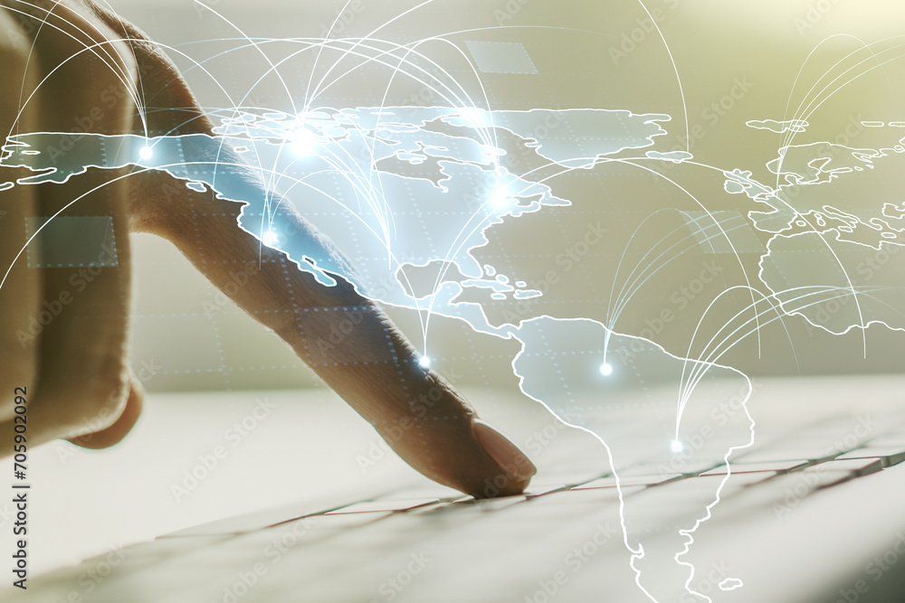 Poster double exposure of abstract digital world map with connections and hand typing on computer keyboard 