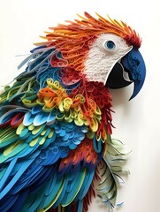 bright white background beautiful intricately multi-dimensional designed quilling paper macaw