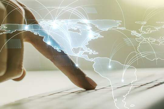 Double exposure of abstract digital world map with connections and hand typing on computer keyboard on background, big data and blockchain concept - Powered by Adobe