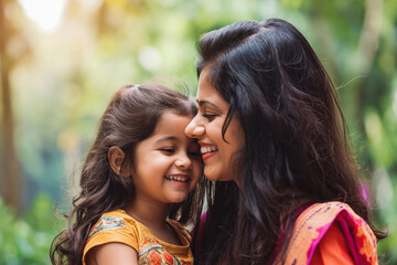 Fototapeta premium Happy Indian mother having fun with her daughter outdoor. Family and love concept.