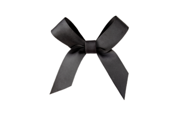 Black satin bow isolated transparent png. Dark elegant shiny ribbon tied knot. Mourning crepe.