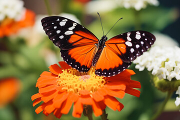 Ismenius Tiger butterfly (Heliconius ismenius) pollinating a flower, close up.