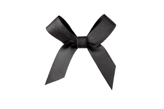 Black satin bow isolated transparent png. Dark elegant shiny ribbon tied knot. Mourning crepe.