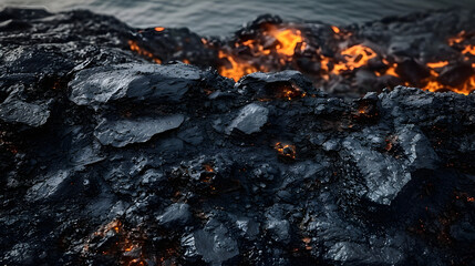 The dark texture of the stone, raw black obsidian, hardened volcanic lava glass, natural patterns and shapes on the stone section.Ai generative