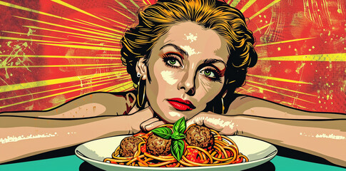 pop art retro style illustration, 70s era,  a woman  holding a spaghetti meatball dish, looking  at...