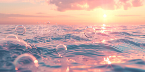 shining pink palette bubbles on liquid water sea, calming and quiet wallpaper background