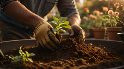 Hand digging soil for planting flower in pot