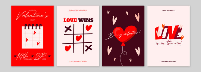 Happy Valentines Day Greeting Cards Set. Modern Concept of 14 February. Hand drawn art design with hearts, geometric notes and creative text fonts. Love wins, love is in the air and be my valentine.