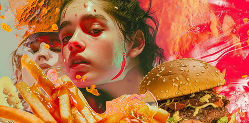 pop art retro style illustration, ayoung girl with a big hamburger- cheeseburger  looking at the camera posing, vintage retro colors banner- binge eating concept