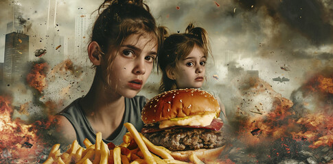 apocalyptycal retro style illustration,  two young girl with a big hamburger- cheeseburger  looking...