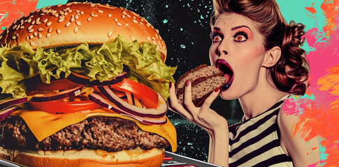 pop art retro style illustration, 70s era, a woman eating a big hamburger- cheeseburger , looking...