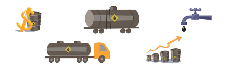 Oil and Fuel Industry Flat Icon and Object Vector Set