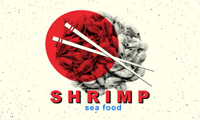 Banner for sushi bar, Japanese cuisine restaurant in retro collage style. Shrimp with halftone effect and Japanese chopsticks.