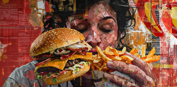 pop art retro style illustration, 70s era, a woman eating a big hamburger- cheeseburger , looking at the camera posing, vintage retro colors banner- binge eating concept