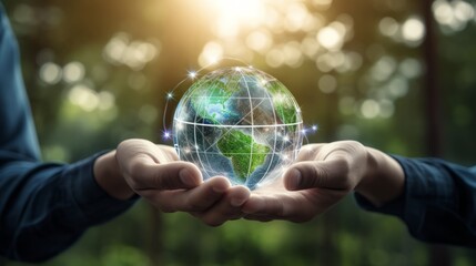 Securely connecting the world: hands holding global network and data on nature background