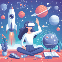 Girl wearing a VR box in a scientific room